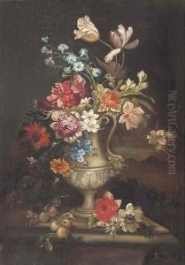 Tulips, carnations and other flowers in a vase with a butterfly and a dragonfly on a ledge by Gaspar-pieter The Younger Verbruggen