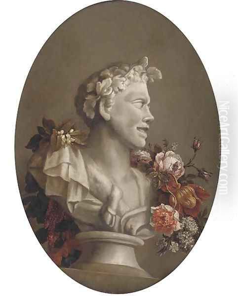 A bust of Pan adorned with a garland of flowers - view 1