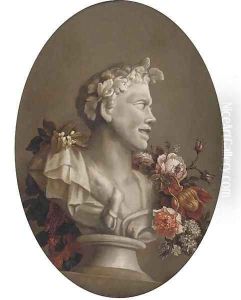 A bust of Pan adorned with a garland of flowers