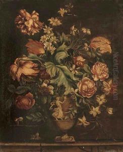 Parrot tulips, roses, narcissi and other flowers in sculpted urn