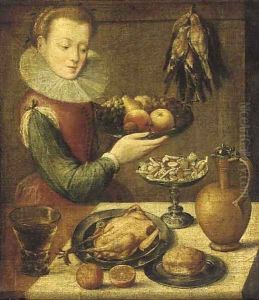A kitchen maid holding a pewter platter of fruit before a partially draped table with a jug
