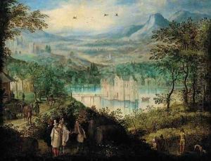 An extensive mountain landscape with elegant company at the vendage, a castle beyond