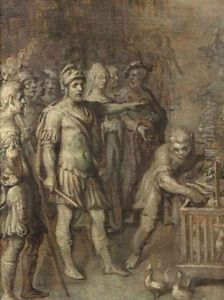 Julius Ceasar consulting the oracle of the holy chickens - en grisaille by Otto van Veen