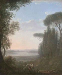 A wooded hilltop landscape with figures in the foreground, a bridge over a lake beyond by Pierre-Henri de Valenciennes