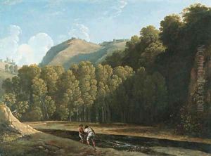 An Italianate wooded landscape with two fishermen by a stream by Pierre-Henri de Valenciennes