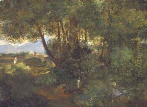 A woodland path before an Italianate town A woodland path before an Italianate town