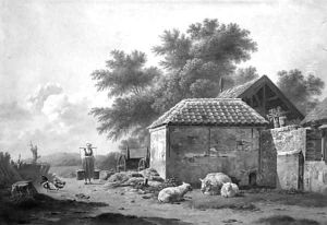 A farmyard with a milkmaid, chickens and sheep by Jean Franois Valois
