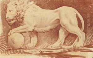 A lion in profile to the left, his left paw resting on a sphere
