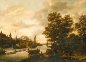 .A river Landscape with Loggers and Sailboats by Adriaen Hendriksz. Verboom