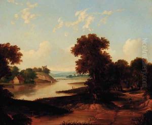 A figure on a riverside track, a ruined castle beyond