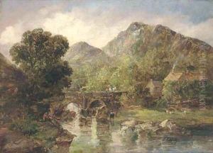 Figures crossing a bridge in a rocky river landscape