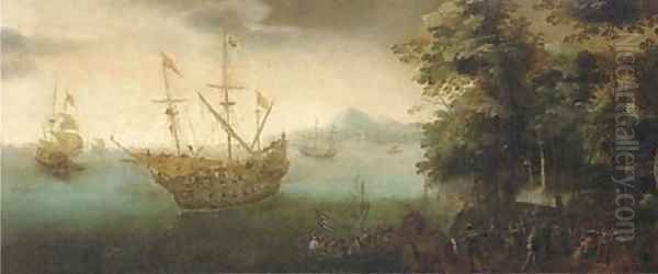 A coastal landscape with soldiers disembarking from a man-o'-war - view 1