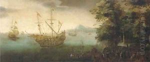 A coastal landscape with soldiers disembarking from a man-o'-war by Cornelis Verbeeck