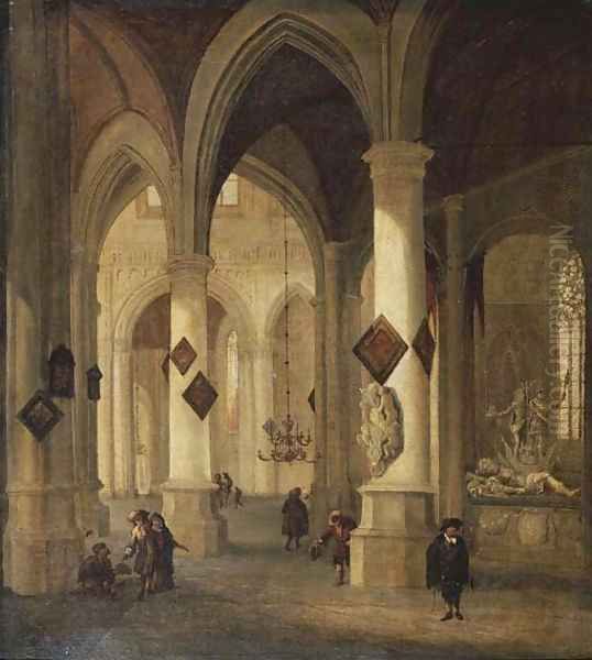 The interior of the Oude Kerk, Delft, with peasants and elegant townsfolk near the funerary monument of Admiral Maerten Harpertsz. Tromp - view 1