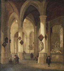 The interior of the Oude Kerk, Delft, with peasants and elegant townsfolk near the funerary monument of Admiral Maerten Harpertsz. Tromp by Hendrick Van Vliet