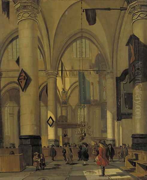A view in a Gothic Church with elegant townsfolk - view 1