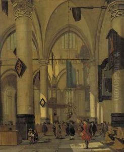 A view in a Gothic Church with elegant townsfolk