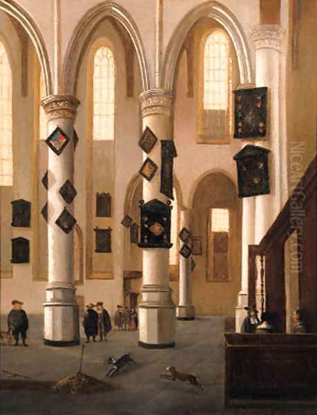 A view in the Oude Kerk, Delft, looking east from the Northern aisle, with townsfolk near an open grave - view 1