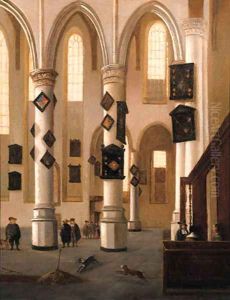 A view in the Oude Kerk, Delft, looking east from the Northern aisle, with townsfolk near an open grave