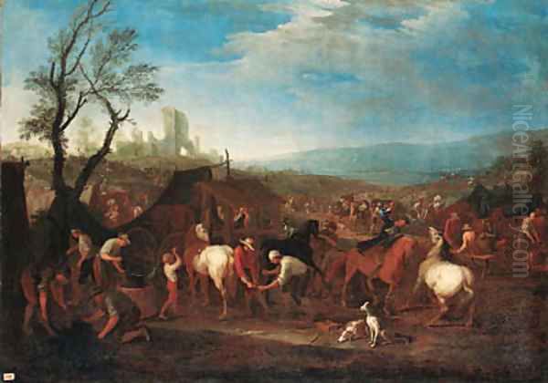 A military encampment with a blacksmith and farriers in an extensive landscape - view 1