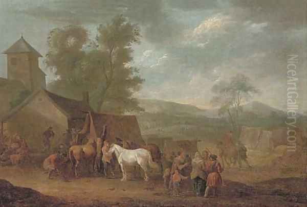 A wooded landscape with horses and figures by a farrier - view 1