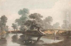 A shepherd by a tree-lined pond by John Varley