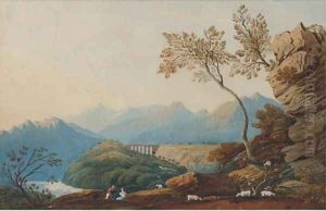 Figures and sheep before a viaduct
