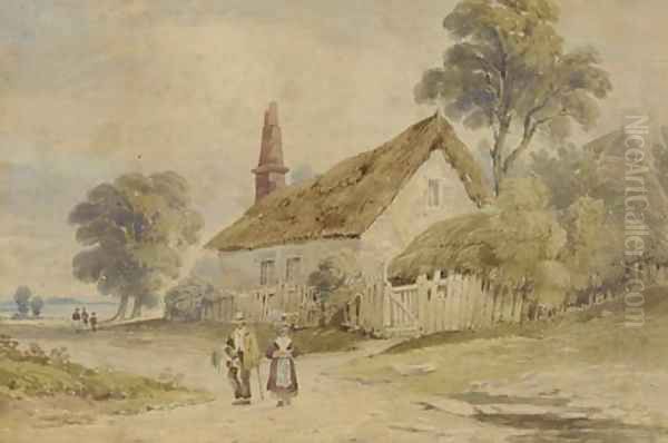 Figures walking along a village lane - view 1