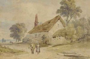 Figures walking along a village lane by John Varley