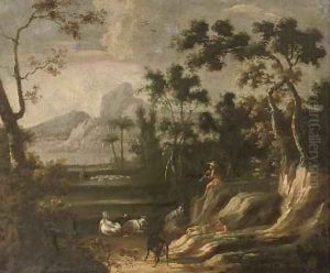 A wooded landscape with herdsmen, mountains beyond by Lodewijk De Vadder