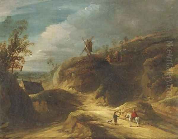 A mountainous landscape with travelers conversing on a path, a windmill beyond - view 1