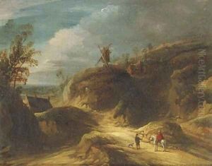 A mountainous landscape with travelers conversing on a path, a windmill beyond by Lodewijk De Vadder