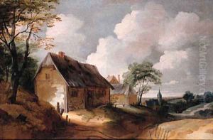A road leading to a village, with poultry on a farmyard in the foreground by Lodewijk De Vadder