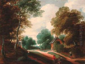 A wooded landscape with travellers conversing on a track
