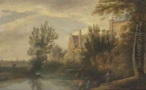 A river landscape with a fisherman, a town beyond by Lodewijk De Vadder