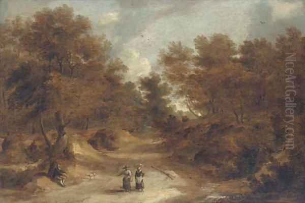 A wooded landscape with peasants on a path - view 1
