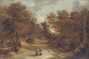 A wooded landscape with peasants on a path