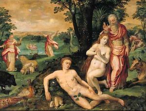 The Creation of Eve, with the Creation of the Sky, the Earth, the Animals and Adam beyond by Maerten De Vos