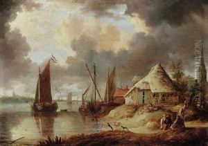 A river estuary with sailboats and peasants on a track near a thatched barn