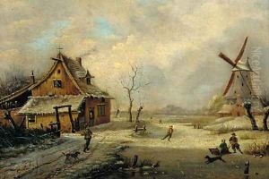 Figures in a frozen winter landscape with a windmill beyond