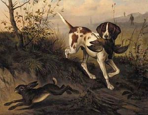 A gun dog with a pheasant chasing a hare by Luigi Vesco