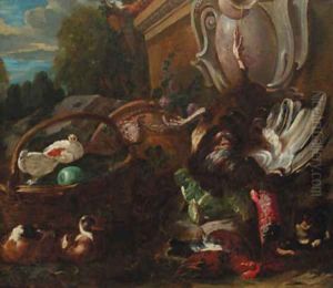 A dead turkey hanging on a rope from a sculpted cartouche on a pedestal by Candido Vitali