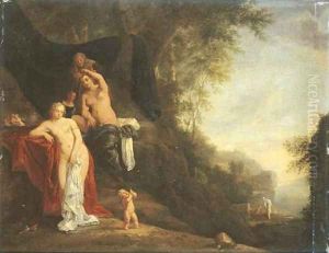 A wooded landscape with nymphs resting and a putto blowing bubbles, nymphs bathing beyond by Daniel Vertangen