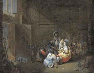 The interior of a guard room with women and soldiers playing cards by Hendrick Verschuring