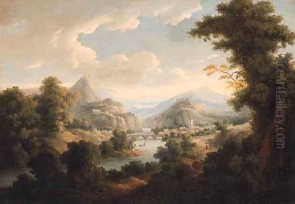 An extensive river landscape with a town by a bridge - view 1