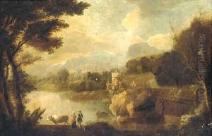 An Italianate landscape with figures and cattle by a river, a castle beyond by Johann Christian Vollerdt or Vollaert