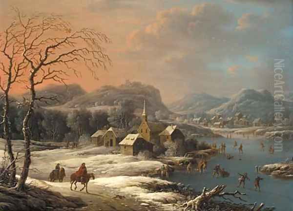 A mountainous winter landscape with ice skaters on a lake near a village - view 1