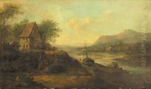 A Rhenish landscape with peasants conversing on a path by a farmhouse with ships moored at a quay - view 1