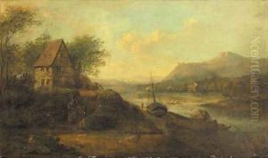 A Rhenish landscape with peasants conversing on a path by a farmhouse with ships moored at a quay