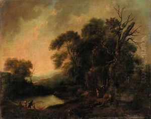 A wooded river landscape with fisherfolk on a bank by Johann Christian Vollerdt or Vollaert
